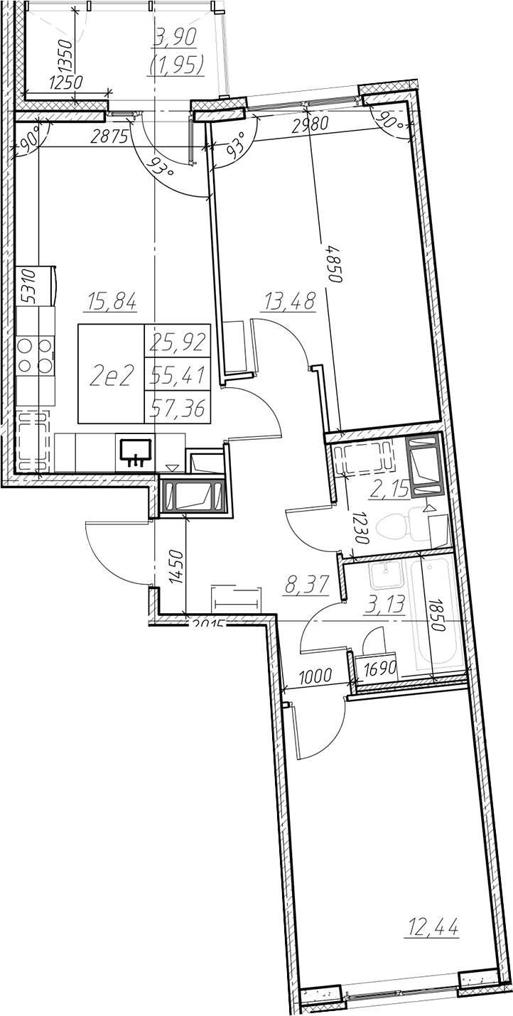 Планировка евротрёшка (3Е) 57.36 м² в ЖК «Левитан», корпус 1