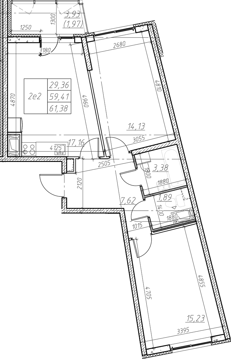 Планировка евротрёшка (3Е) 61.38 м² в ЖК «Левитан», корпус 1