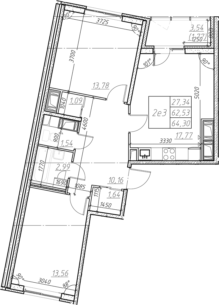 Планировка евротрёшка (3Е) 64.3 м² в ЖК «Левитан», корпус 1