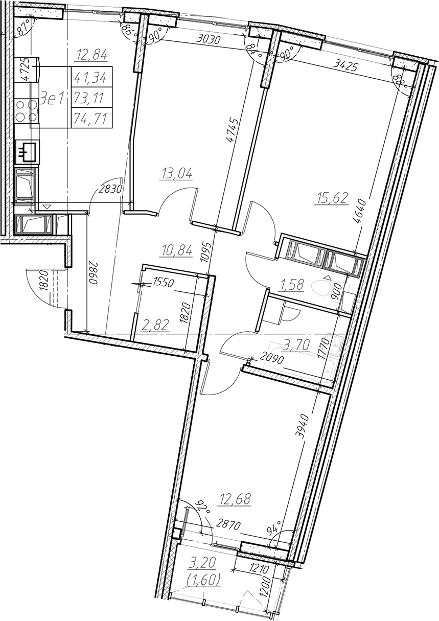 Планировка евро-4 (4Е) 74.71 м² в ЖК «Левитан», корпус 1