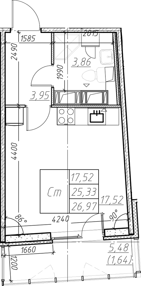 Планировка Студии 26.97 м² в ЖК «Левитан», корпус 1