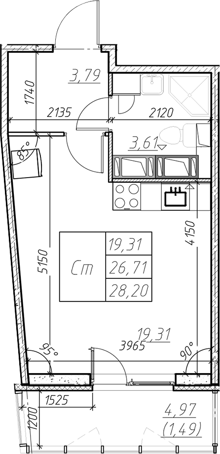 Планировка Студии 28.2 м² в ЖК «Левитан», корпус 1