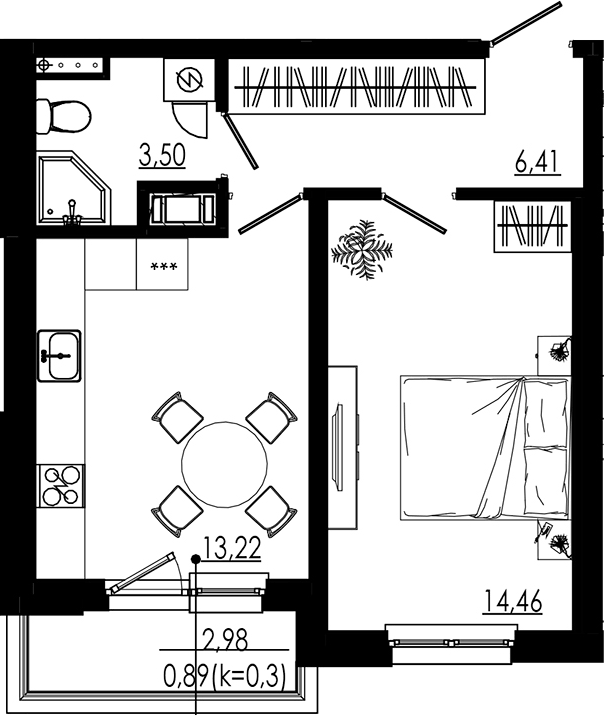 Планировка однокомнатная 38.49 м² в ЖК «LIBERTY DOM», корпус 1