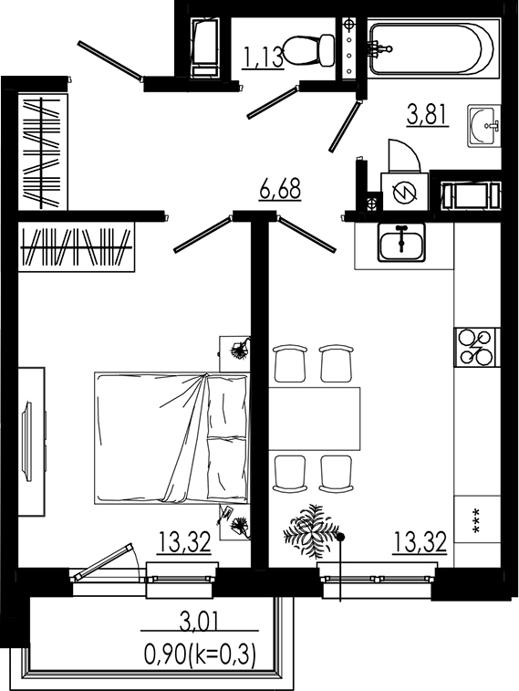 Планировка однокомнатная 39.17 м² в ЖК «LIBERTY DOM», корпус 1