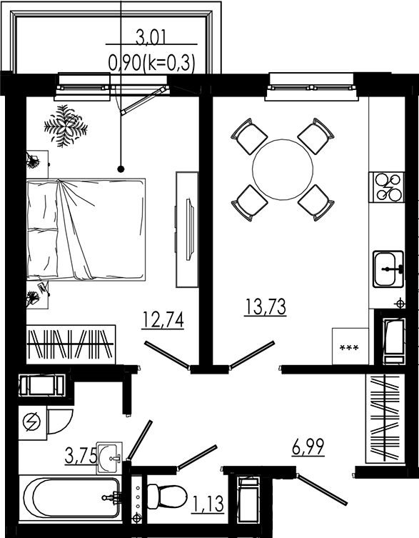 Планировка однокомнатная 39.25 м² в ЖК «LIBERTY DOM», корпус 1