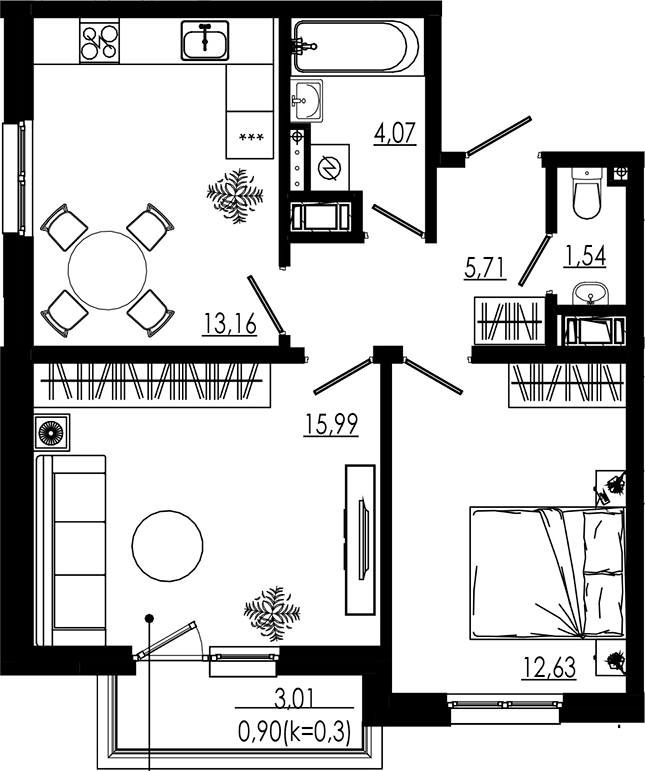 Планировка двухкомнатная 54.01 м² в ЖК «LIBERTY DOM», корпус 2