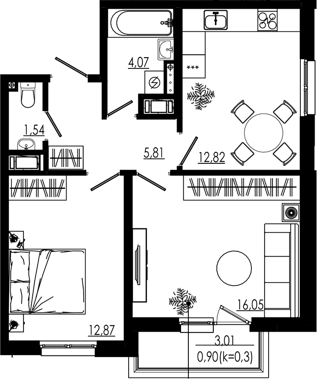 Планировка двухкомнатная 54.06 м² в ЖК «LIBERTY DOM», корпус 2