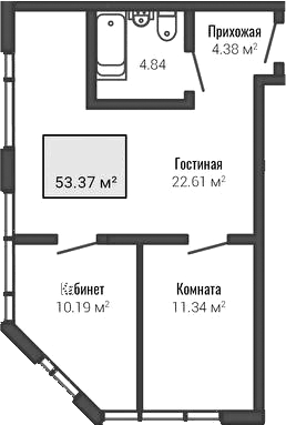 Планировка трёхкомнатная 53.38 м² в ЖК «Лайф Апарт Октябрьская», корпус 1