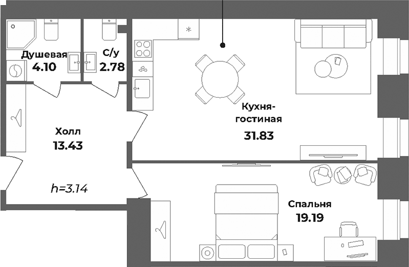 Планировка евродвушка (2Е) 71.33 м² в ЖК «Апарт-отель Лиговский 127», корпус 1