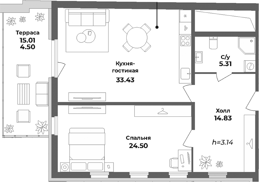 Планировка евродвушка (2Е) 82.57 м² в ЖК «Апарт-отель Лиговский 127», корпус 1