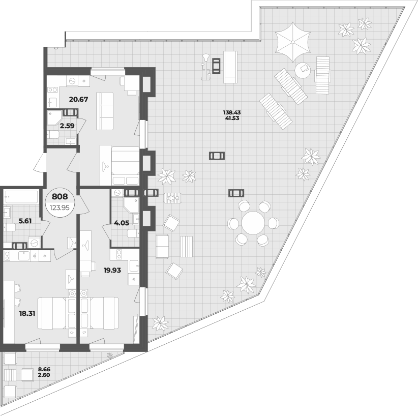 Планировка евротрёшка (3Е) 123.82 м² в ЖК «Апарт-отель Лиговский 127», корпус 1