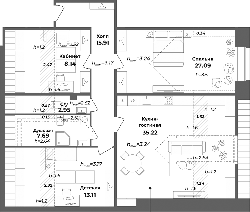 Планировка евро-4 (4Е) 118.9 м² в ЖК «Апарт-отель Лиговский 127», корпус 1