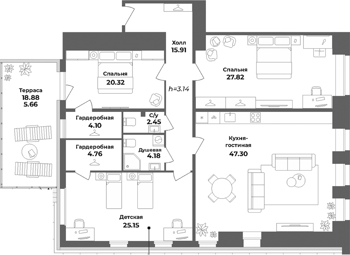 Планировка евро-4 (4Е) 157.65 м² в ЖК «Апарт-отель Лиговский 127», корпус 1