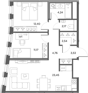 Планировка евротрёшка (3Е) 64.26 м² в ЖК «Лисичанская, 22», корпус 1