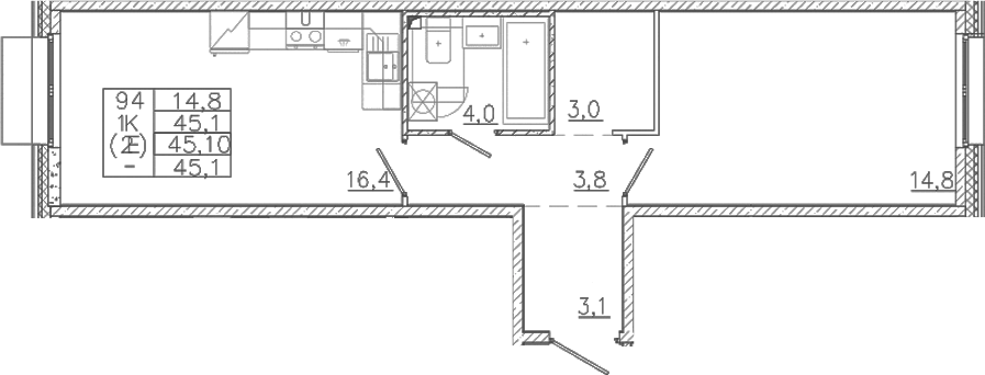 Планировка евродвушка (2Е) 45.1 м² в ЖК «Лисино», корпус 3