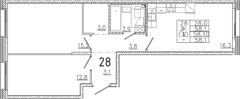 Планировка евротрёшка (3Е) 58.1 м² в ЖК «Лисино», корпус 4