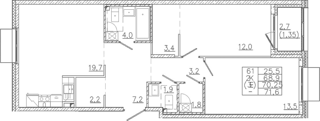 Планировка евротрёшка (3Е) 70.25 м² в ЖК «Лисино», корпус 1