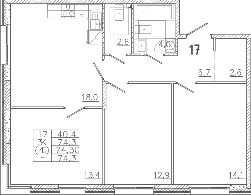 Планировка евро-4 (4Е) 74.3 м² в ЖК «Лисино», корпус 3