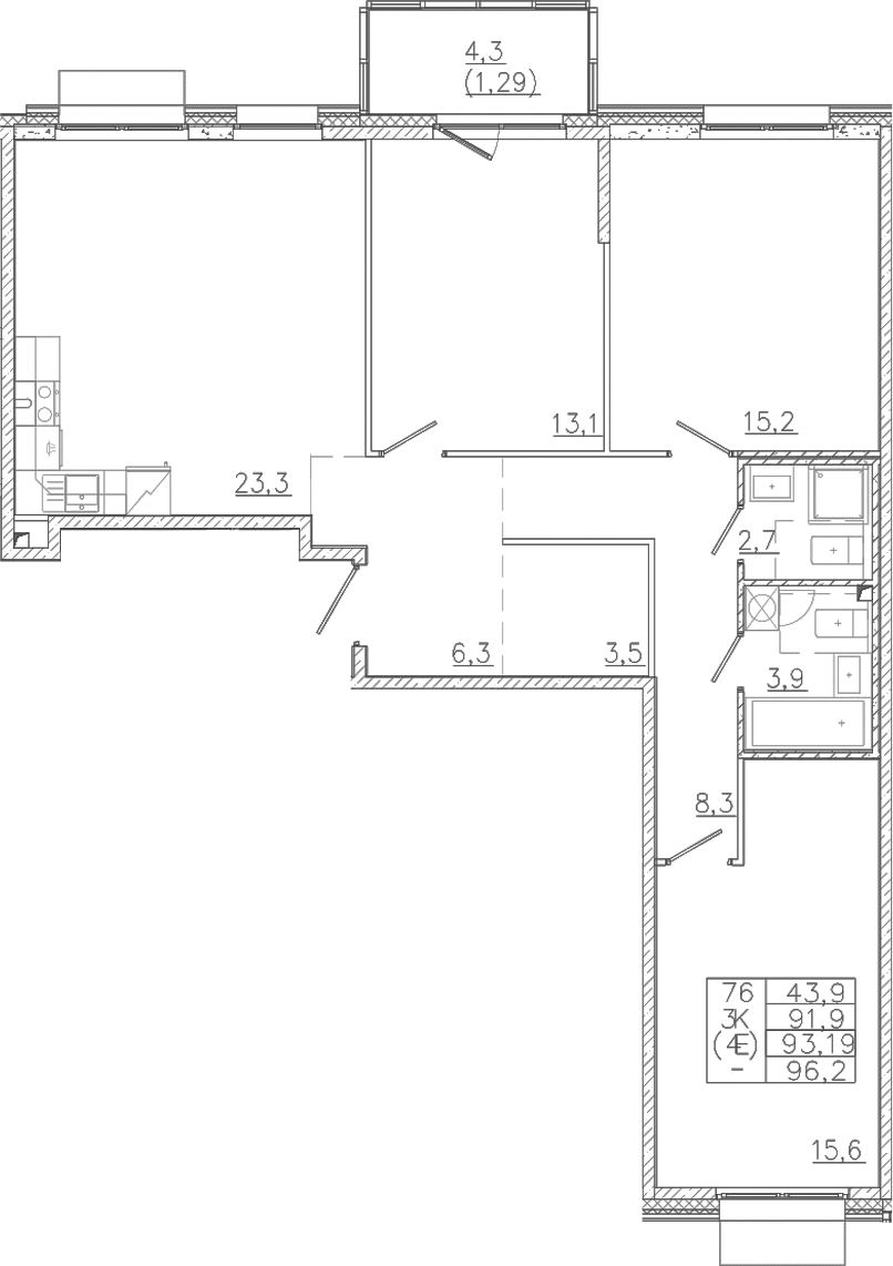 Планировка евро-4 (4Е) 93.19 м² в ЖК «Лисино», корпус 1