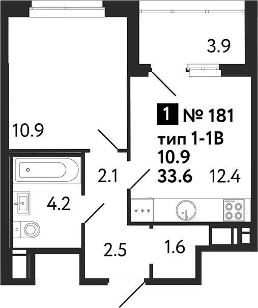 Планировка однокомнатная 35.55 м² в ЖК «Литера», корпус 1