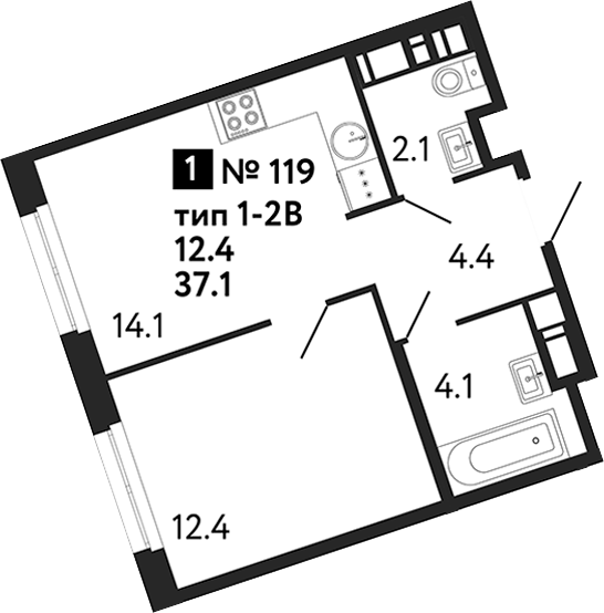 Планировка однокомнатная 37.1 м² в ЖК «Литера», корпус 1