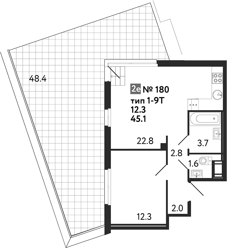 Планировка евродвушка (2Е) 59.62 м² в ЖК «Литера», корпус 1