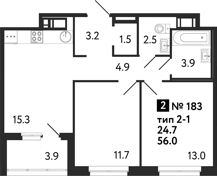 Планировка двухкомнатная 57.95 м² в ЖК «Литера», корпус 1
