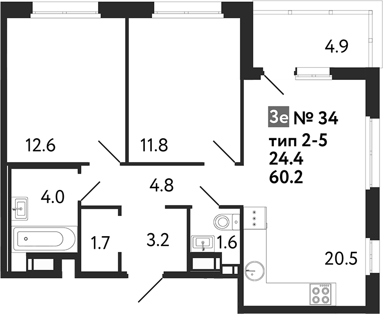 Планировка евротрёшка (3Е) 62.65 м² в ЖК «Литера», корпус 1