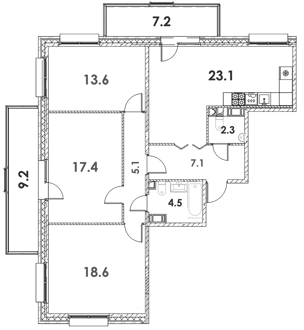 Планировка евро-4 (4Е) 96.7 м² в ЖК «Loft у Озера», корпус 12