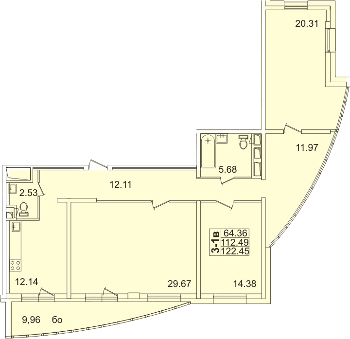 Планировка трёхкомнатная 114.8 м² в ЖК «Лондон Парк», корпус 1.2