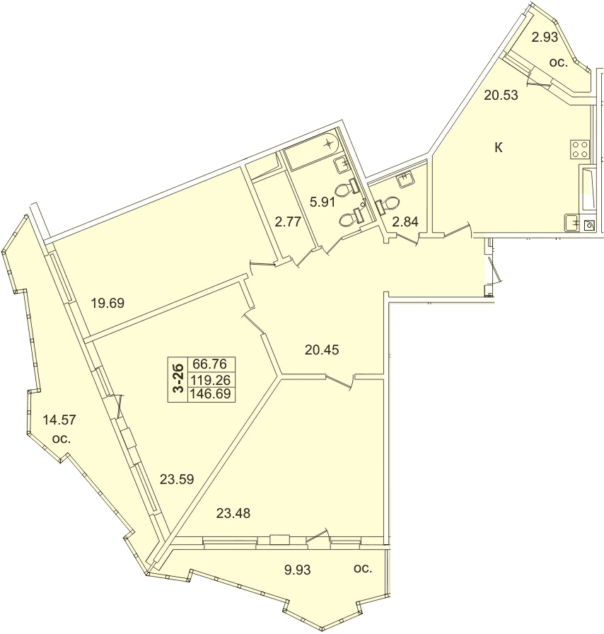 Планировка евро-4 (4Е) 127.5 м² в ЖК «Лондон Парк», корпус 1.12