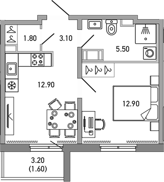 Планировка однокомнатная 37.8 м² в ЖК «ЛОВО», корпус 1