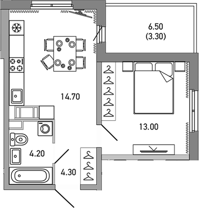 Планировка однокомнатная 39.5 м² в ЖК «ЛОВО», корпус 1