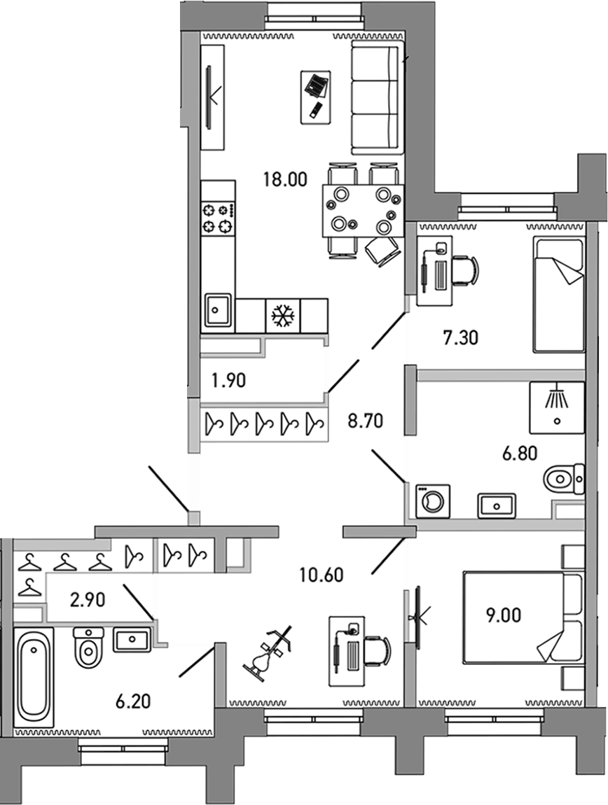 Планировка двухкомнатная 71.4 м² в ЖК «ЛОВО», корпус 1