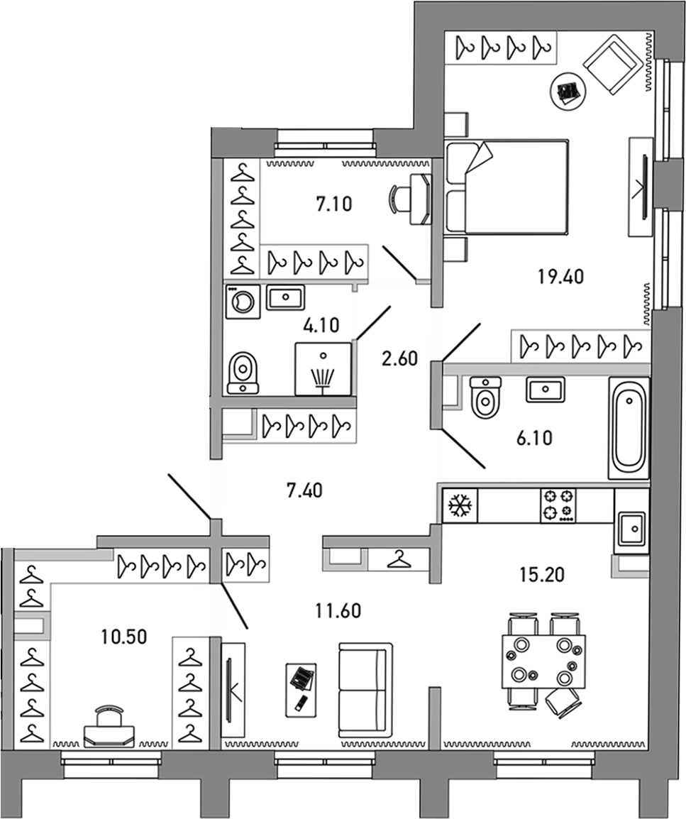 Планировка евротрёшка (3Е) 84 м² в ЖК «ЛОВО», корпус 1