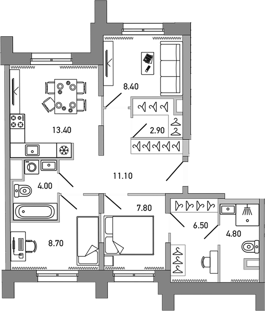 Планировка евро-4 (4Е) 67.6 м² в ЖК «ЛОВО», корпус 1