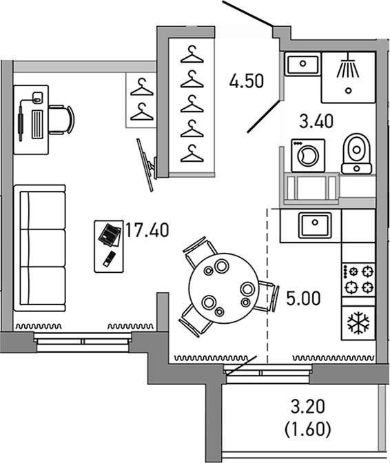 Планировка Студии 31.9 м² в ЖК «ЛОВО», корпус 1
