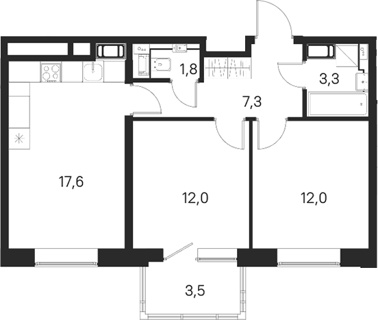 Планировка двухкомнатная 55.05 м² в ЖК «М36», корпус 1
