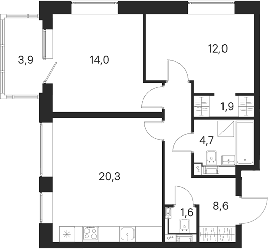 Планировка двухкомнатная 67 м² в ЖК «М36», корпус 1