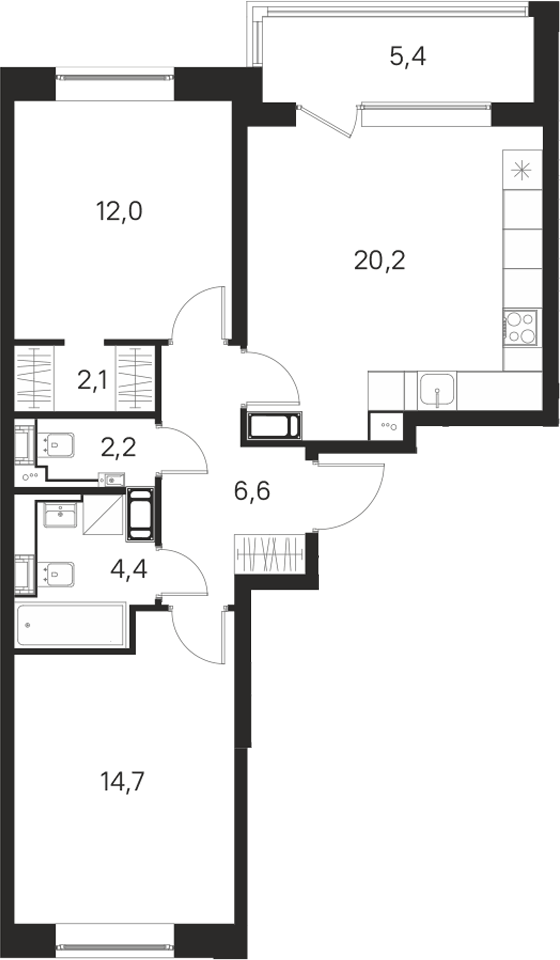 Планировка евротрёшка (3Е) 67.6 м² в ЖК «М36», корпус 2