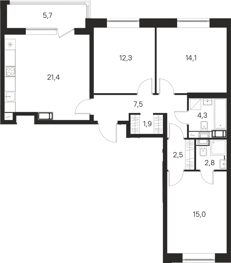 Планировка евро-4 (4Е) 87.5 м² в ЖК «М36», корпус 2