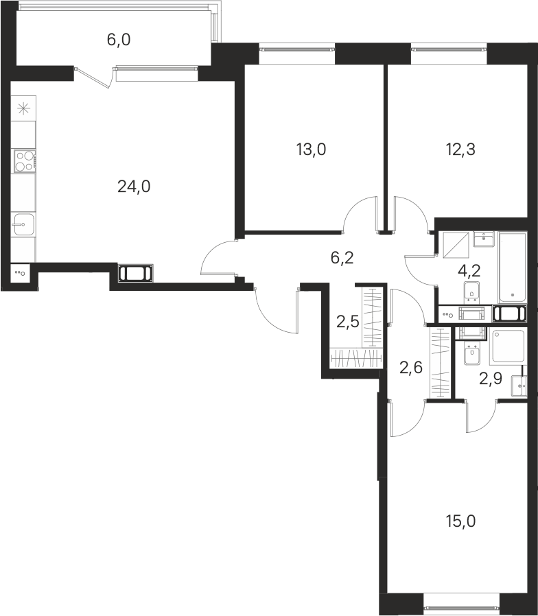 Планировка евро-4 (4Е) 88.7 м² в ЖК «М36», корпус 2