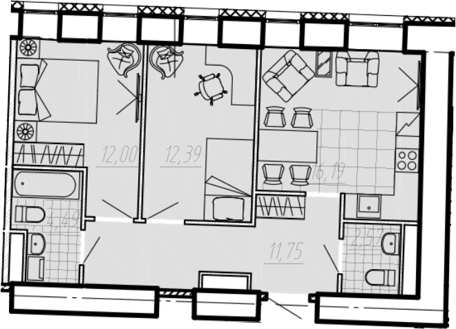 Планировка двухкомнатная 61.4 м² в ЖК «Мадонна Бенуа», корпус 1