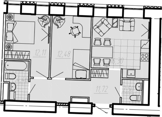 Планировка двухкомнатная 62 м² в ЖК «Мадонна Бенуа», корпус 1
