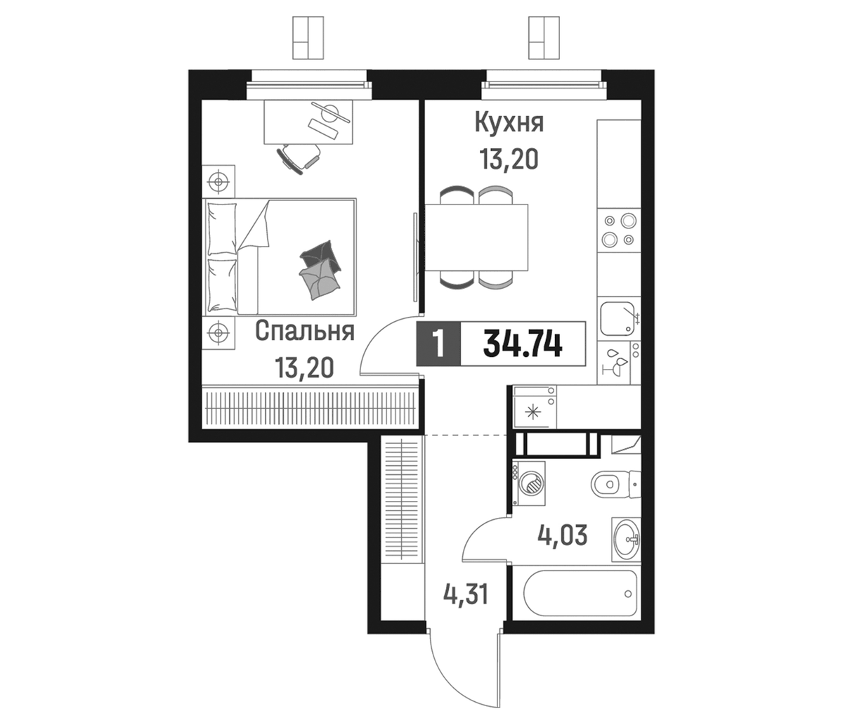 Планировка однокомнатная 34.74 м² в ЖК «Максималист», корпус 2