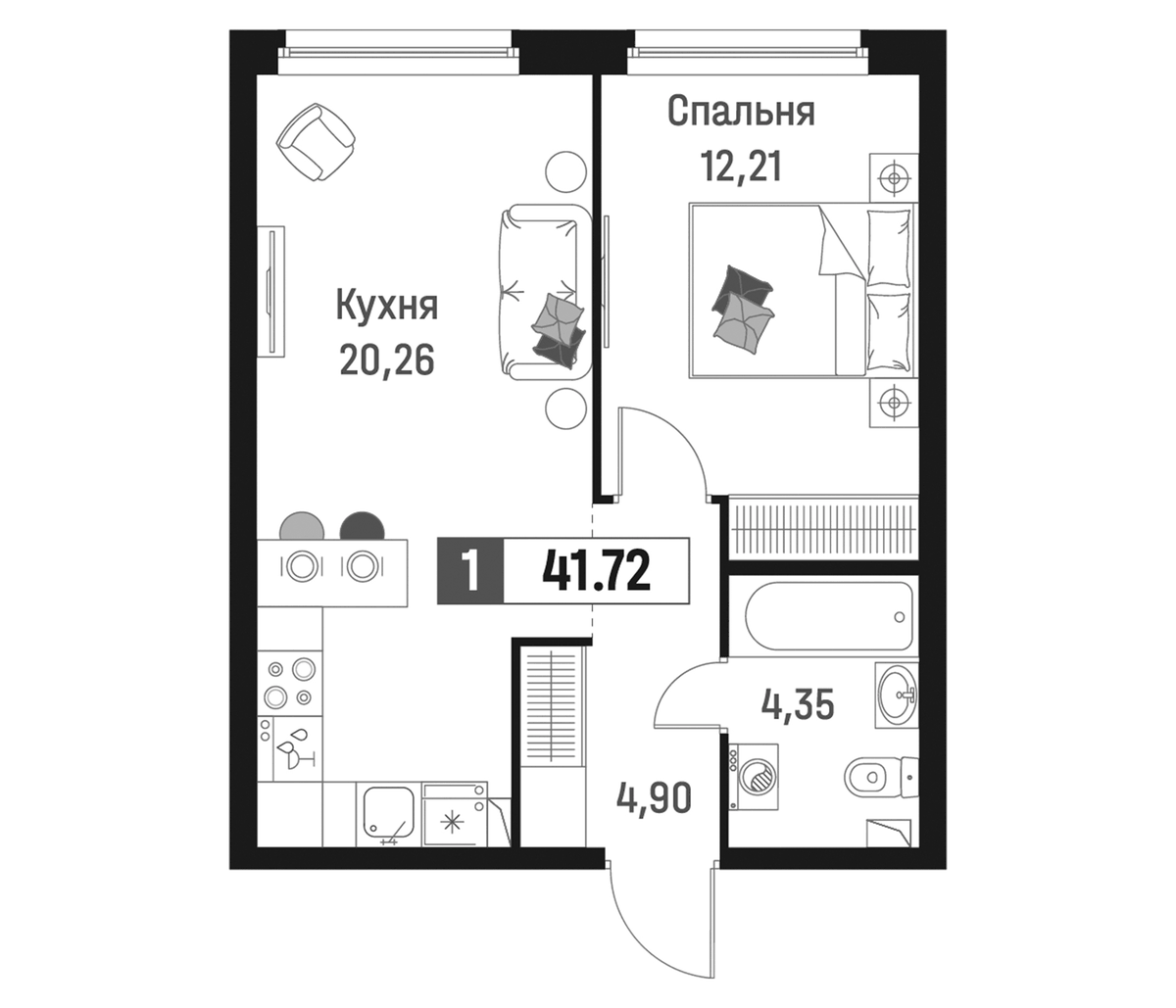 Планировка евродвушка (2Е) 41.72 м² в ЖК «Максималист», корпус 2