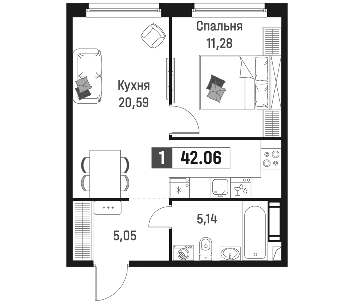 Планировка евродвушка (2Е) 42.06 м² в ЖК «Максималист», корпус 2