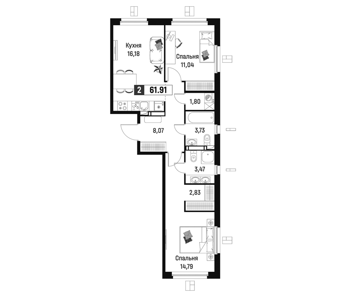 Планировка евротрёшка (3Е) 61.91 м² в ЖК «Максималист», корпус 2