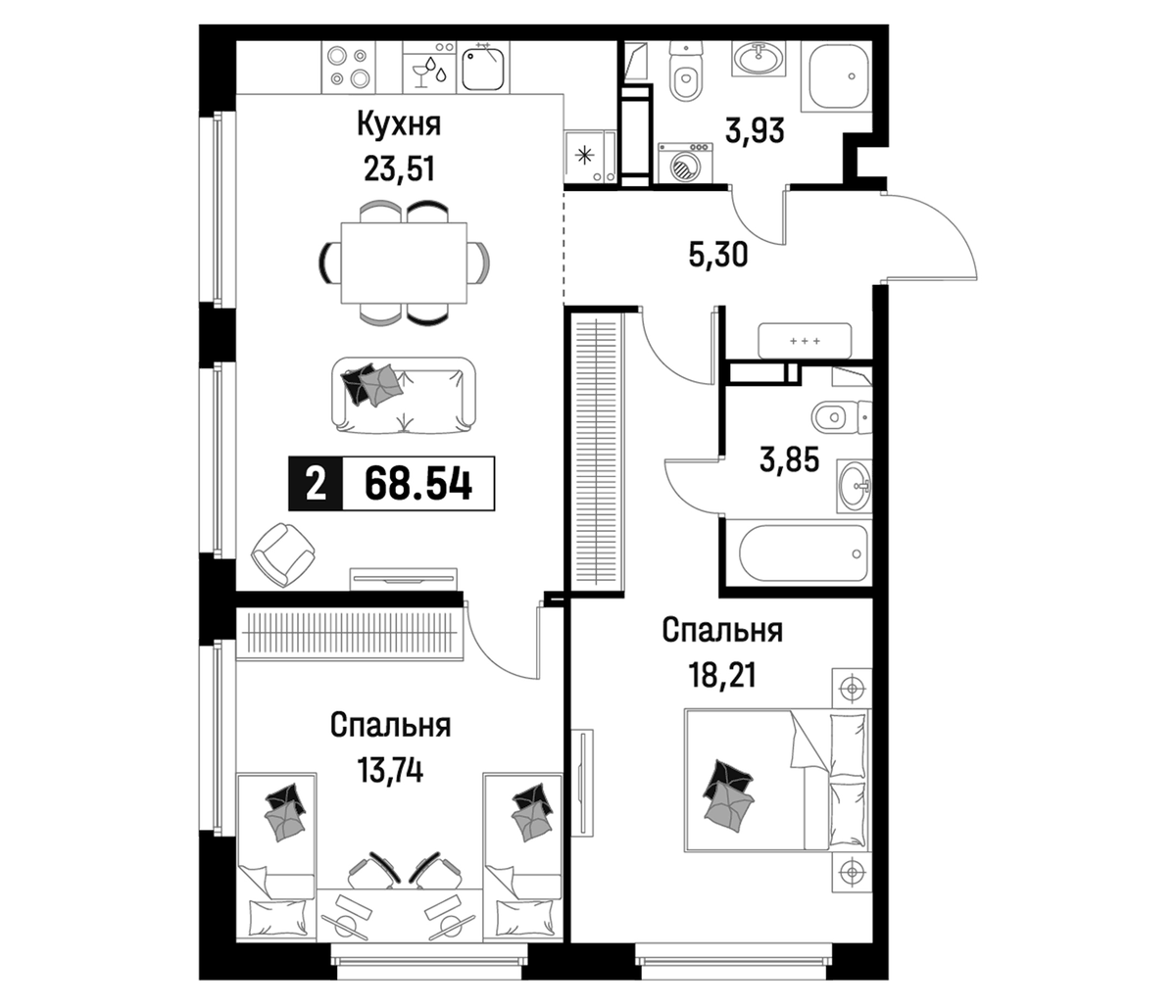 Планировка евротрёшка (3Е) 68.54 м² в ЖК «Максималист», корпус 2
