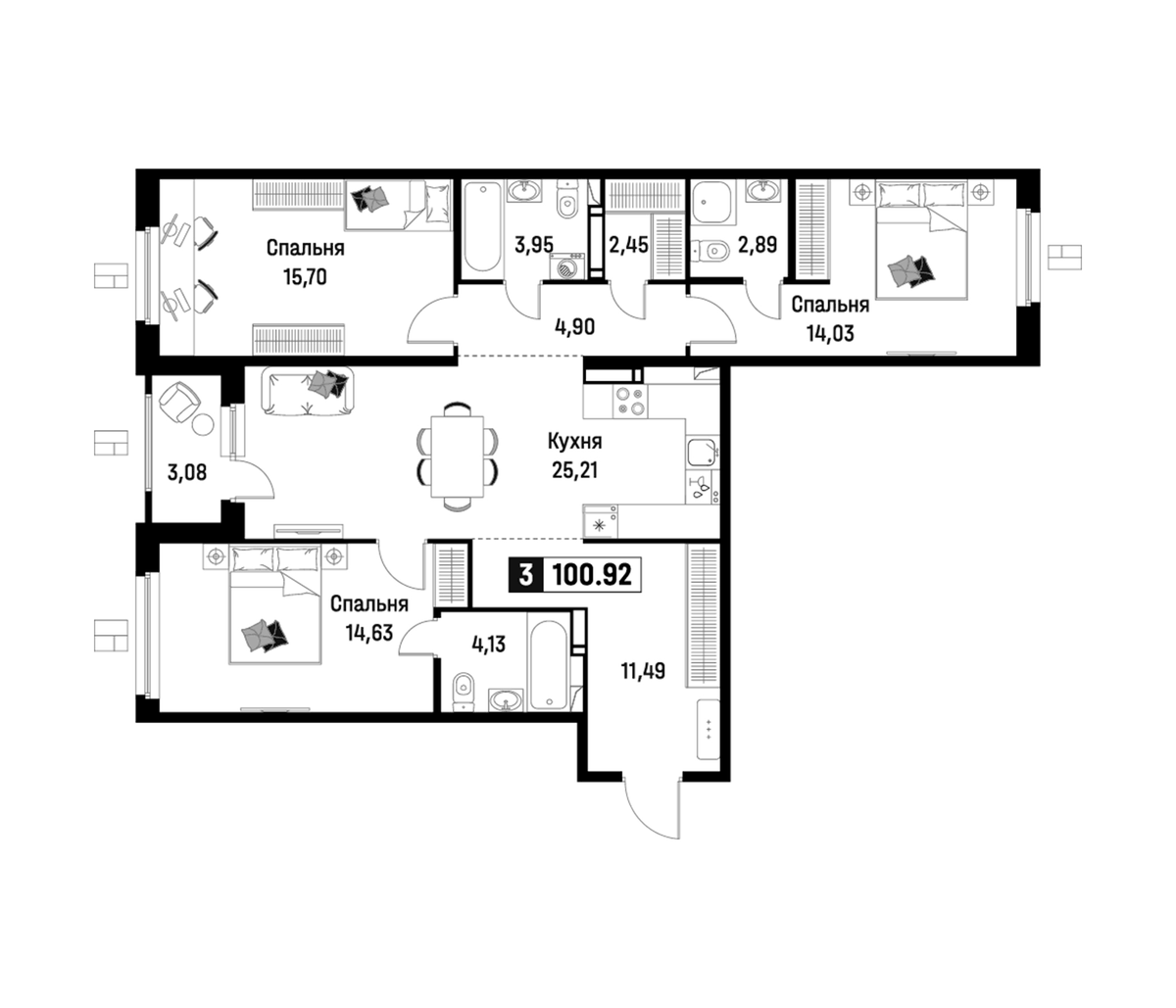 Планировка евро-4 (4Е) 100.92 м² в ЖК «Максималист», корпус 2